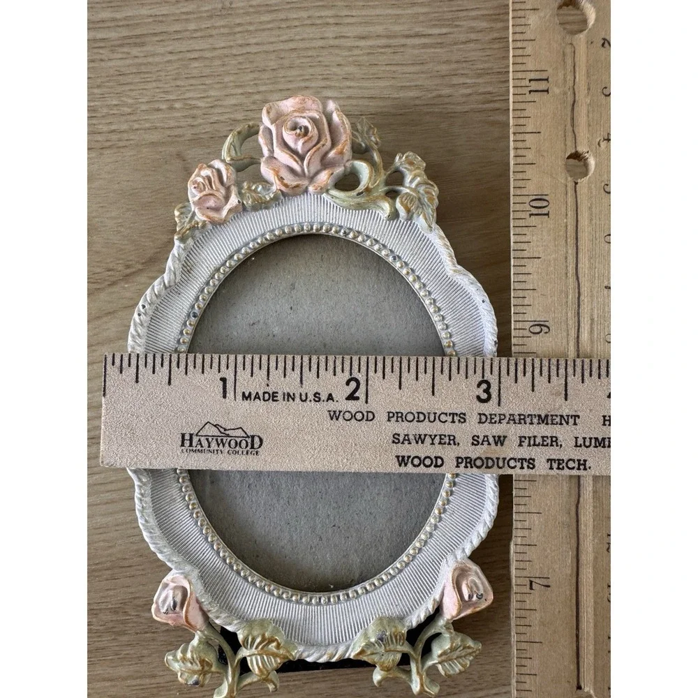 Vintage Oval Metal Picture Frame Pink Roses Floral Shabby Chic Cottagecore